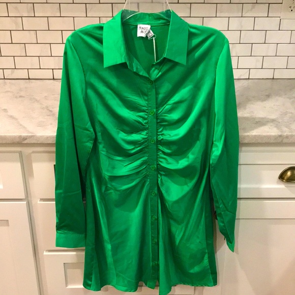 New Princes Polly Dress Womens 8 Kelly Green Silky Ruching Button Bohemian Hip - Picture 1 of 10